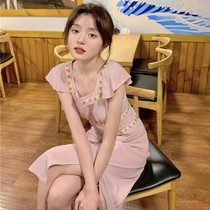 Pink square collar dress womens summer clothes 2021 New French first love design sense small temperament slim skirt