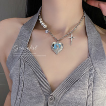South Korea East Gate Pearl Diamond Love Cross Necklace choker neck chain net red temperament design