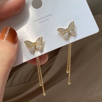 925 silver pin a two-wearing butterfly stud stud Super fairy tassel long earrings Korean temperament summer fresh earrings