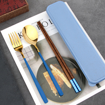 Jianmin wooden chopsticks spoon set portable tableware one person with stainless steel fork spoon single student three-piece set