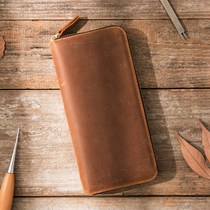 Features retro Crazy Horse leather handmade leather mens zipper wallet long large capacity multi card bit frosted money clip
