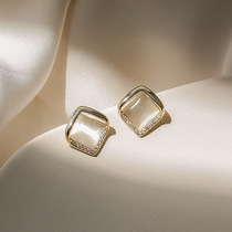  Geometric small opal earrings 2021 new simple temperament sterling silver earrings female super fairy ear jewelry