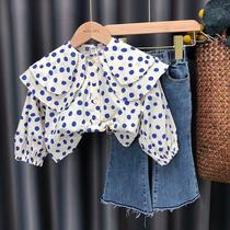 Girls Autumn New 2021 set foreign style children long sleeve coat baby denim wide leg pants two-piece tide