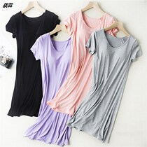 Womens Summerdale with chest pad Short sleeve solid color loose night dress Pajamas free bra half sleeve dress Home clothes
