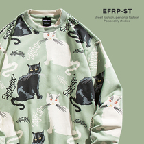EFRP Hong Kong designer brand neckline hem splicing fake two weaters male and female body kittens printed