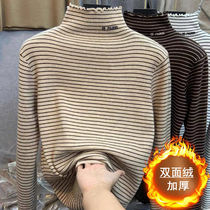 Striped shirt plus velvet semi-high collar inside base shirt Korean long sleeve loose 2021 autumn and winter thick double-sided velvet women