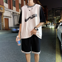 Adi Shanlang fake two sports suit mens summer Korean fashion short sleeve T-shirt shorts running basketball clothes