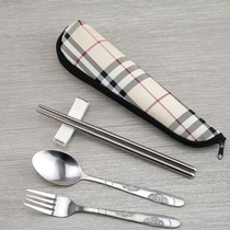 Stainless steel chopsticks spoon fork three-piece set home work outdoor camping portable canvas bag set tableware