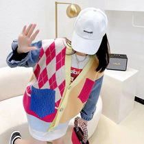 Denim stitching knitted wool cardigan womens 2021 new autumn and winter womens Korean loose diamond European station coat