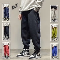 Japanese solid color autumn and winter loose leisure sports trousers draw rope feet wide legs plus velvet thick mens pants