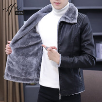 Leather hair one mens coat 2021 autumn and winter New plus velvet padded leather jacket short slim leather leather coat tide