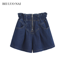  Denim shorts womens summer a-line 2021 new bud high waist loose wide leg pants retro blue thin straight pants