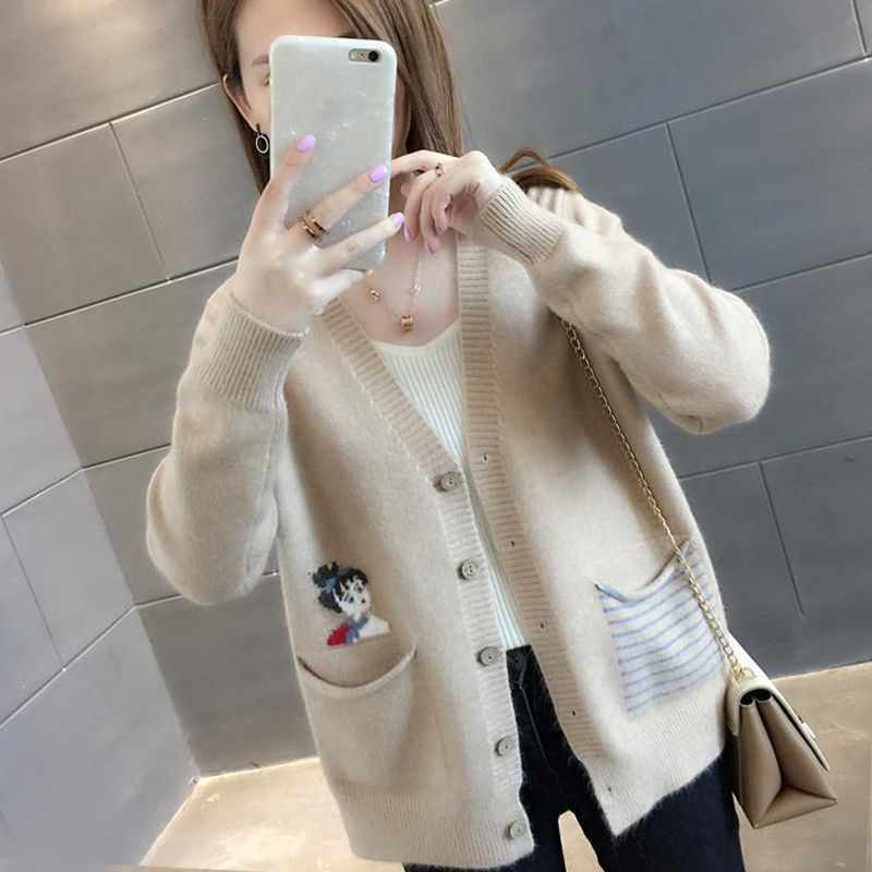 Sweater knitted cardigan autumn dress new embroidered short womens loose-fitting sweater jacket spring and autumn