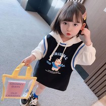 Girl cute cotton dress 2021 new female baby Foreign fake two cartoon hooded dress dress child