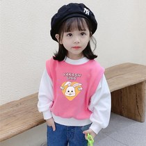 Long-sleeved t-shirt girls western style top 2021 spring and autumn new childrens fake two-piece childrens clothing with cotton bottoming shirt baby