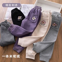 All-in-one velvet girls plus velvet casual pants childrens Korean version all-match loose thickening sports pants baby sweatpants late autumn and winter