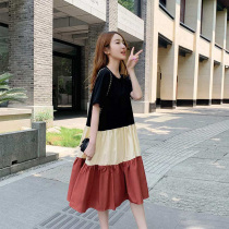 Maternity summer dress contrast color short-sleeved dress 2021 new summer pure cotton knee-length pregnant mother dress summer skirt