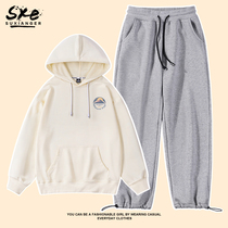 Casual sportswear suit women spring and autumn 2021 new students retro harbor wind chic sweater plus velvet autumn and winter