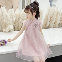 Girls Embroidered dress summer dress 2021 new style girls cheongsam dress Chinese style mesh princess dress