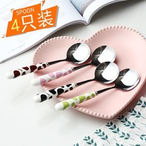  Milk pattern ceramic handle thickened stainless steel creative cute spoon Household Korean round spoon Soup spoon Coffee dessert spoon