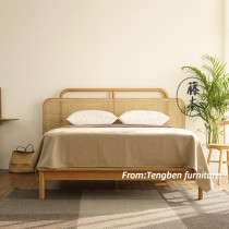 Rattan furniture Nordic ins solid wood rattan woven bed 1 8 meters simple double bed Master bedroom Light luxury post-modern B & B