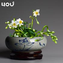 Narcissus flowerpot Chinese style hand-painted retro ceramic round copper money grass hydroponic water lily one leaf lotus large flower plate