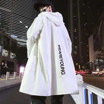 Trench coat mens long Korean version trend loose print hooded jacket 2021 autumn thin mens cloak coat