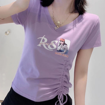 2021 summer new slim drawstring Joker Violet short sleeve T-shirt female foreign style short shirt shirt