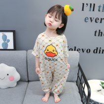 Little yellow duck girl conjoined pajamas spring and autumn cotton long sleeve girl baby Autumn Children Baby home clothes cute