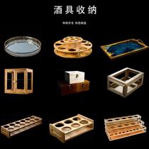 Convenient and novel White glass wine dispenser dustproof storage wooden box bamboo rack tray creative Chinese household wine rack