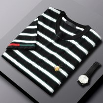 Knitted short-sleeved mens striped t-shirt ice silk bee embroidery half-sleeve sweater thin round neck summer trend Korean version