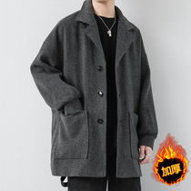 Lamp core wool clothes men autumn winter with cotton thickening Korean edition trend loose tweed coat medium long windwear