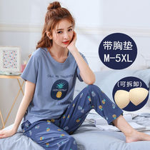 With chest pad pajamas womens summer cotton thin short-sleeved trousers fat plus size 200 pounds loose two-piece suit