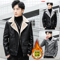 Add plush fur coat men autumn winter trend lapel jacket personality inclined zipper fur one motorcycle coat thickened