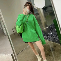 Autumn and winter fried street green pullover knitted sweater female 2021 lazy loose medium long top coat coat sweater thick