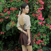 Gentle literature and art retro temperament lace short sleeve backless triangle one-piece skirt two-piece hot spring swimsuit female