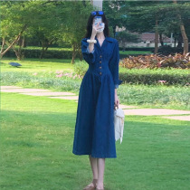 2022 Early spring Hepburn style retro denim long sleeve dress for children with small crowddesign temperament close-length dress