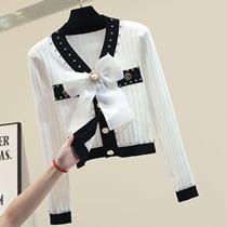 New temperament small fragrant wind heavy industry nail drill v-neck long sleeve knitted cardigan women's fashion big bow foreign style small shirt