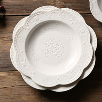 European-style household microwave oven White embossed flower ceramic plate Dinner plate vegetable plate Lace soup plate soup plate