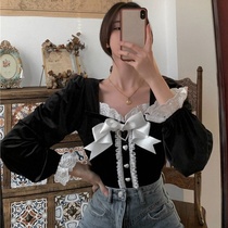 Autumn New lace lace Horn long sleeve shirt slim bow collar short base shirt Women