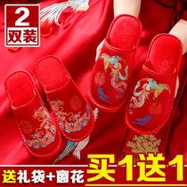 Wedding dowry slippers newlywed festive pair wedding wedding dragon and phoenix couple embroidered cotton spring and autumn red