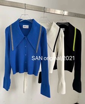 SAN new big lapel single-breasted colorblock knit cardigan women 2021 autumn winter ins slim Joker top