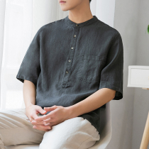 Mens linen shirt half-sleeve Mens Chinese style summer cotton and linen thin casual top Seven-point short-sleeved shirt