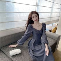 2020 French retro waist slim square collar long sleeve dress female autumn new high-end light cooked temperament Medium-length dress
