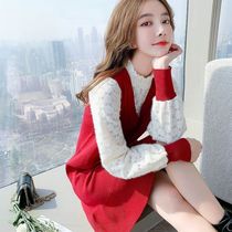 2021 early spring womens red lace dress long womens spring age thin skirt small man
