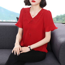 Short-sleeved V-neck top middle-aged mother chiffon shirt loose thin lapel chiffon small shirt women high-end foreign-quality T-shirt women