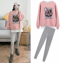 Pregnant women's clothing net red Joker autumn and winter clothing small pregnant mother imitation lamb velvet plus velvet padded fake two-piece sweater suit