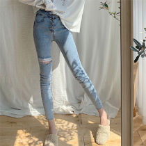 Broken Cave Jeans Children Spring Autumn Little Sub Pencil Pants High Waist Tight Fit Slim 90% Slim Fit Minor Leggings Pants