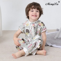  Summer cotton gauze double-layer ultra-thin baby short-sleeved split-leg sleeping bag childrens anti-kick quilt crawling clothes pajamas