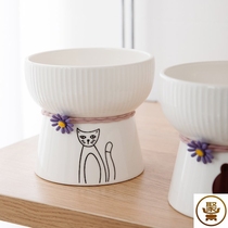 Pet cat bowl Ceramic cat bowl Cartoon water bowl Cat food bowl protection cervical spine high feet anti-tipping cat and dog bowl food bowl